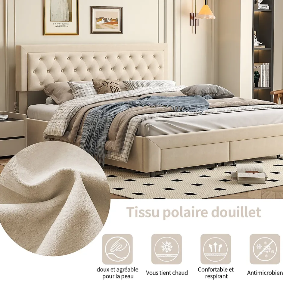ProximaX Lit coffre 160x200 avec 2 tiroirs, Lit rembourré avec sommier à lattes, tissu en velours et décoration de boutons, beige Online