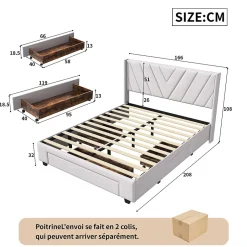 Simple Life Lit coffre 160x200 avec 3 tiroirs, lit tapissé avec sommier à lattes, lit double, beige New