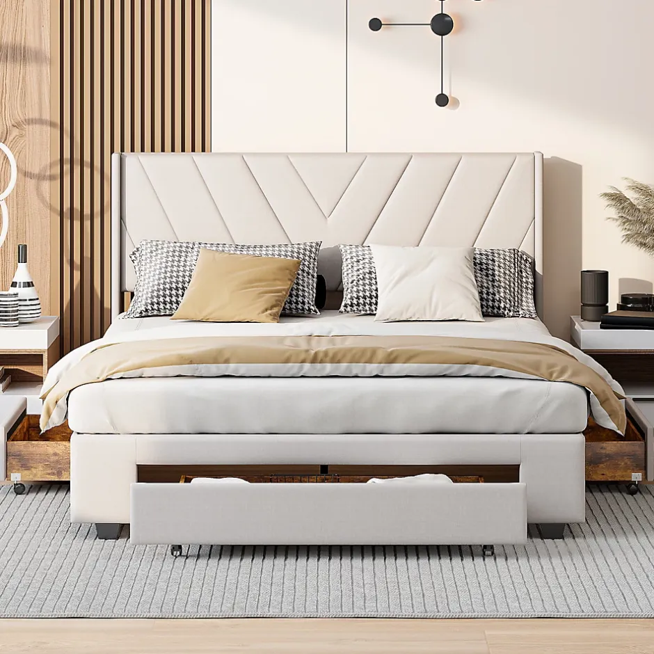 Simple Life Lit coffre 160x200 avec 3 tiroirs, lit tapissé avec sommier à lattes, lit double, beige New