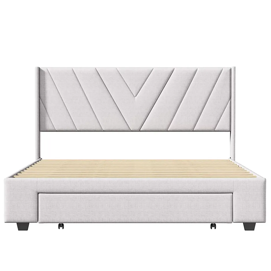 Simple Life Lit coffre 160x200 avec 3 tiroirs, lit tapissé avec sommier à lattes, lit double, beige New