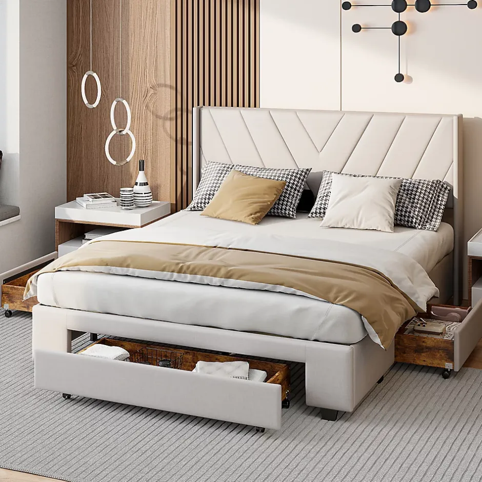 Simple Life Lit coffre 160x200 avec 3 tiroirs, lit tapissé avec sommier à lattes, lit double, beige New