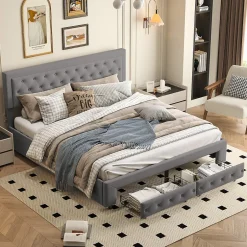 Generique Lit coffre 160x200 avec 2 tiroirs, Lit rembourré avec sommier à lattes, tissu en velours et décoration de boutons, gris