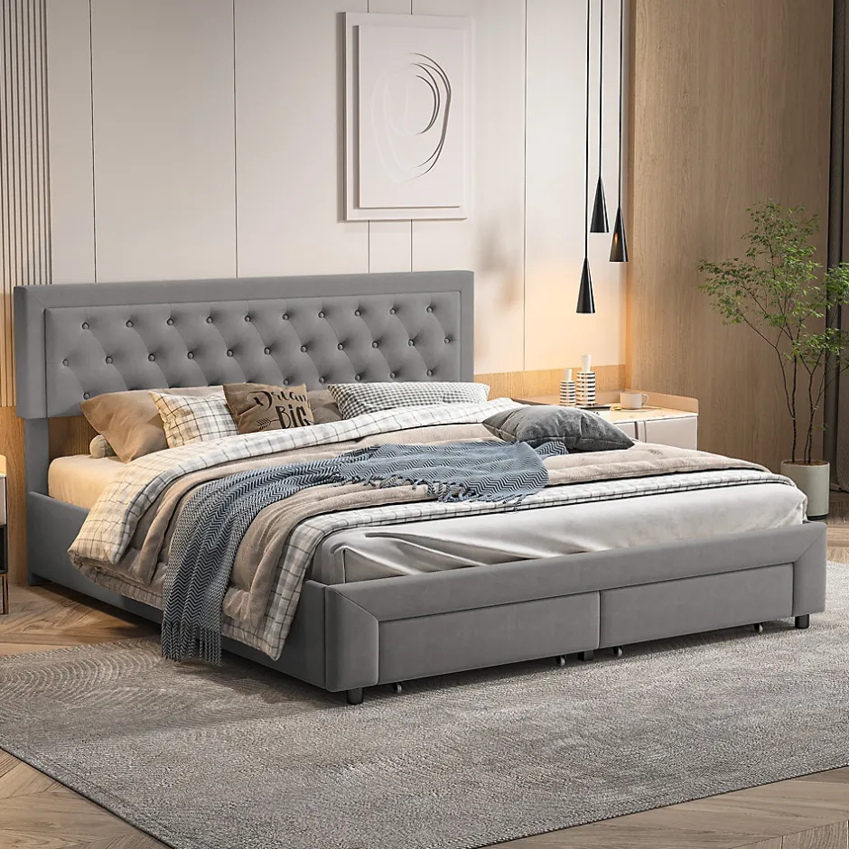 Generique Lit coffre 160x200 avec 2 tiroirs, Lit rembourré avec sommier à lattes, tissu en velours et décoration de boutons, gris