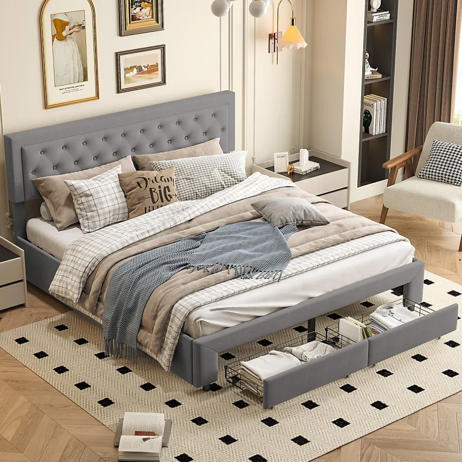 Generique Lit coffre 160x200 avec 2 tiroirs, Lit rembourré avec sommier à lattes, tissu en velours et décoration de boutons, gris