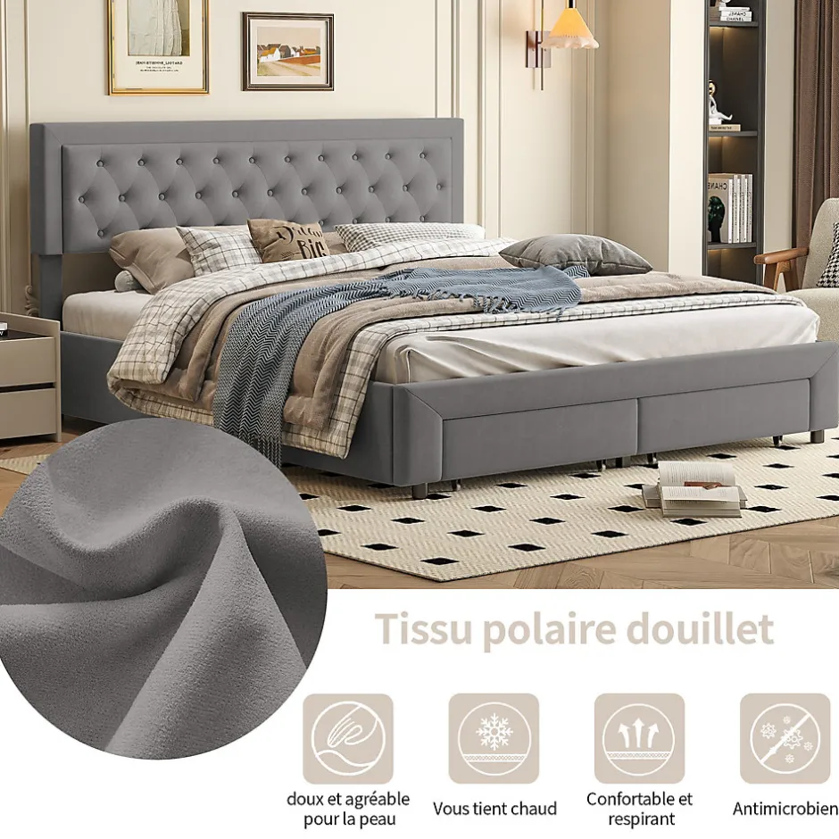 Generique Lit coffre 160x200 avec 2 tiroirs, Lit rembourré avec sommier à lattes, tissu en velours et décoration de boutons, gris