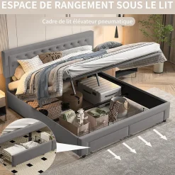 Generique Lit coffre 160x200 avec 2 tiroirs, Lit rembourré avec sommier à lattes, tissu en velours et décoration de boutons, gris
