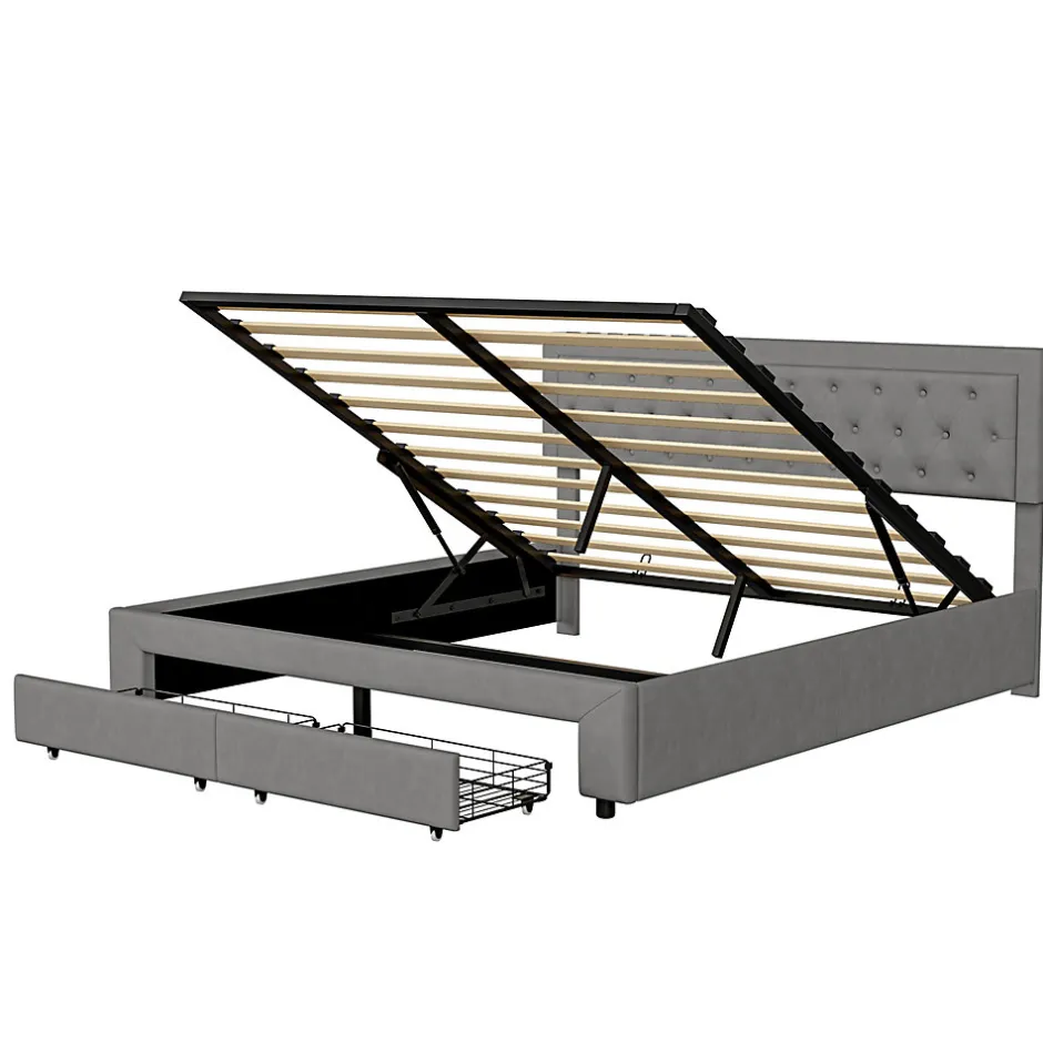 Generique Lit coffre 160x200 avec 2 tiroirs, Lit rembourré avec sommier à lattes, tissu en velours et décoration de boutons, gris
