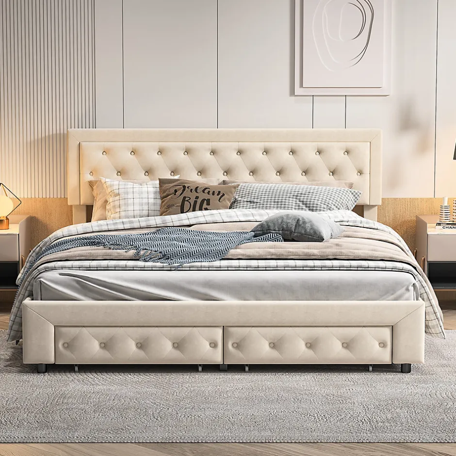 Generique Lit coffre 160x200 avec 2 tiroirs, Lit rembourré avec sommier à lattes, tissu en velours et décoration de boutons, beige