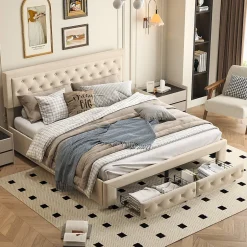 Generique Lit coffre 160x200 avec 2 tiroirs, Lit rembourré avec sommier à lattes, tissu en velours et décoration de boutons, beige