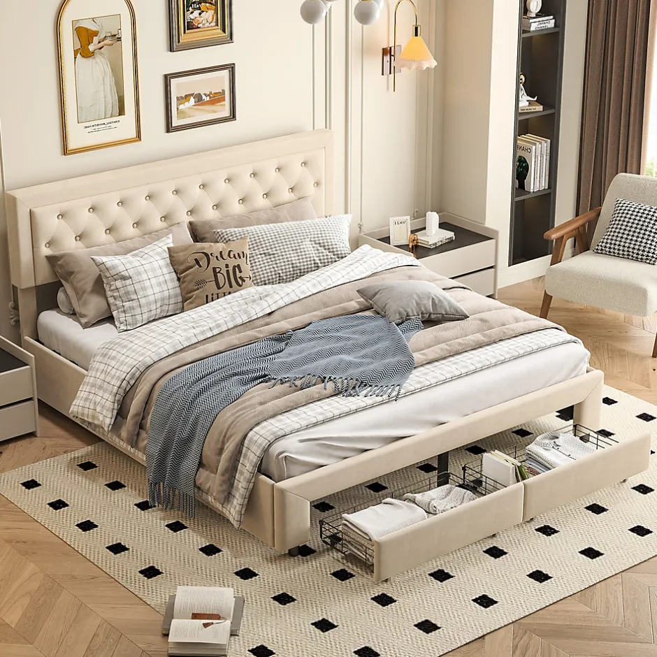 Generique Lit coffre 160x200 avec 2 tiroirs, Lit rembourré avec sommier à lattes, tissu en velours et décoration de boutons, beige
