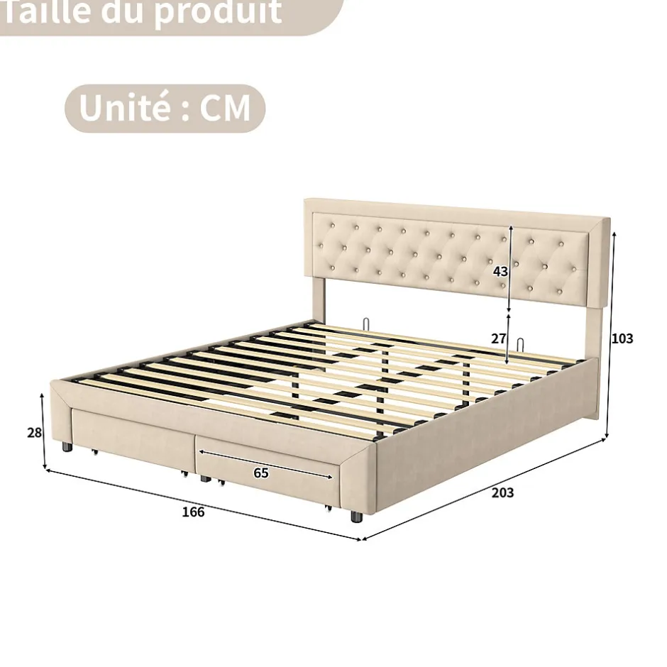 Generique Lit coffre 160x200 avec 2 tiroirs, Lit rembourré avec sommier à lattes, tissu en velours et décoration de boutons, beige