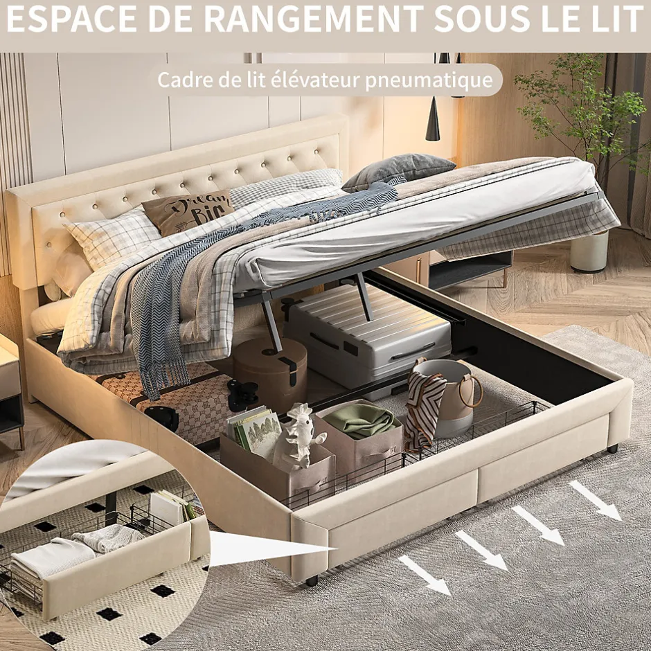 Generique Lit coffre 160x200 avec 2 tiroirs, Lit rembourré avec sommier à lattes, tissu en velours et décoration de boutons, beige