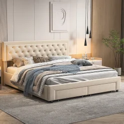 Generique Lit coffre 160x200 avec 2 tiroirs, Lit rembourré avec sommier à lattes, tissu en velours et décoration de boutons, beige