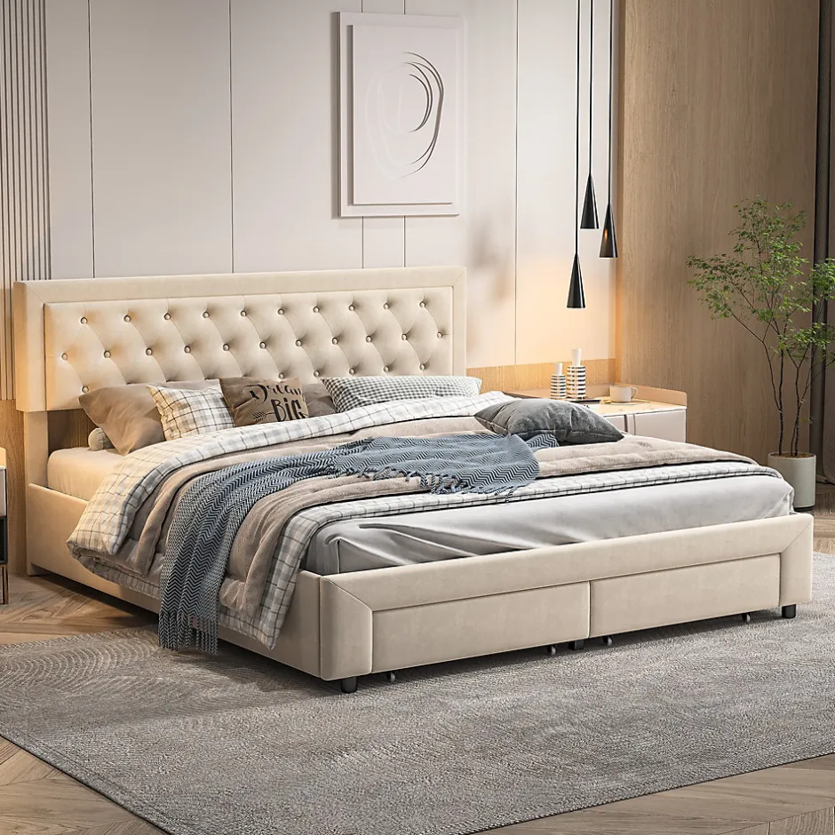 Generique Lit coffre 160x200 avec 2 tiroirs, Lit rembourré avec sommier à lattes, tissu en velours et décoration de boutons, beige