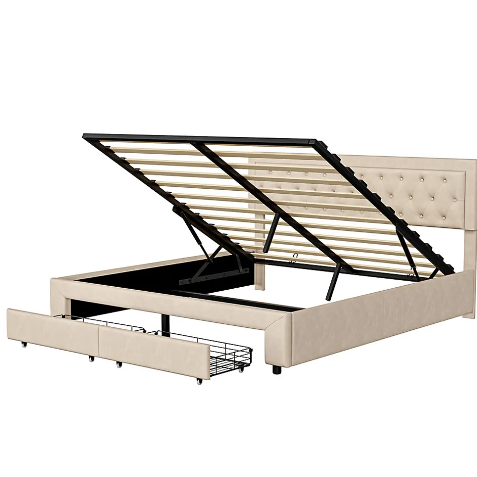 Generique Lit coffre 160x200 avec 2 tiroirs, Lit rembourré avec sommier à lattes, tissu en velours et décoration de boutons, beige