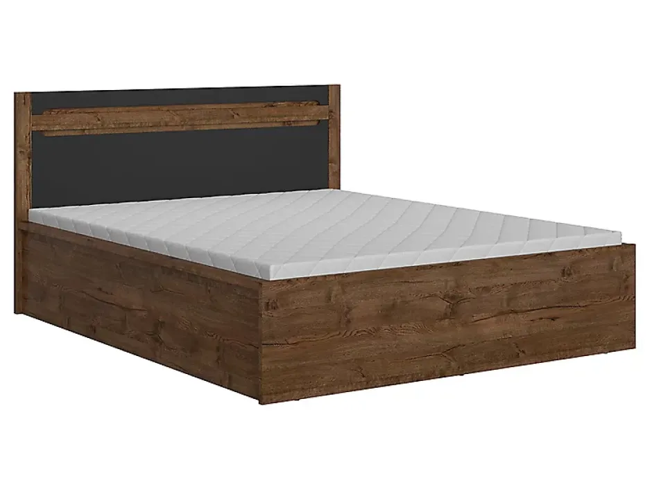 Pegane Lit coffre 140x200 avec cadre sommier et rangement,,coloris Chêne foncé/Noir mat - L. 205,5 x P. 149,5 x H. 41-96,5 cm Clearance