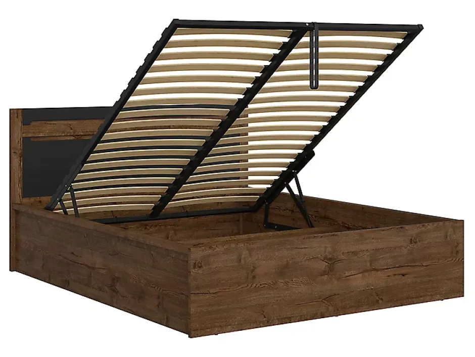 Pegane Lit coffre 140x200 avec cadre sommier et rangement,,coloris Chêne foncé/Noir mat - L. 205,5 x P. 149,5 x H. 41-96,5 cm Clearance