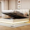 Simple Life Lit Coffre 160x200 avec éclairage LED, Lit capitonné avec Sommier à Lattes, Velours, Beige