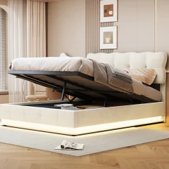Simple Life Lit Coffre 160x200 avec éclairage LED, Lit capitonné avec Sommier à Lattes, Velours, Beige