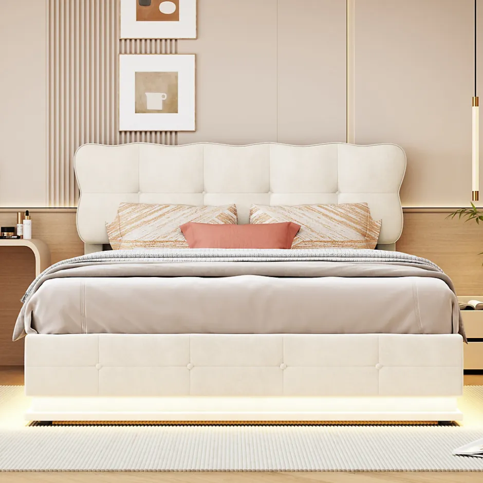 Simple Life Lit Coffre 160x200 avec éclairage LED, Lit capitonné avec Sommier à Lattes, Velours, Beige