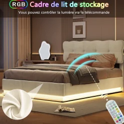 Simple Life Lit Coffre 160x200 avec éclairage LED, Lit capitonné avec Sommier à Lattes, Velours, Beige