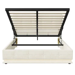 Simple Life Lit Coffre 160x200 avec éclairage LED, Lit capitonné avec Sommier à Lattes, Velours, Beige