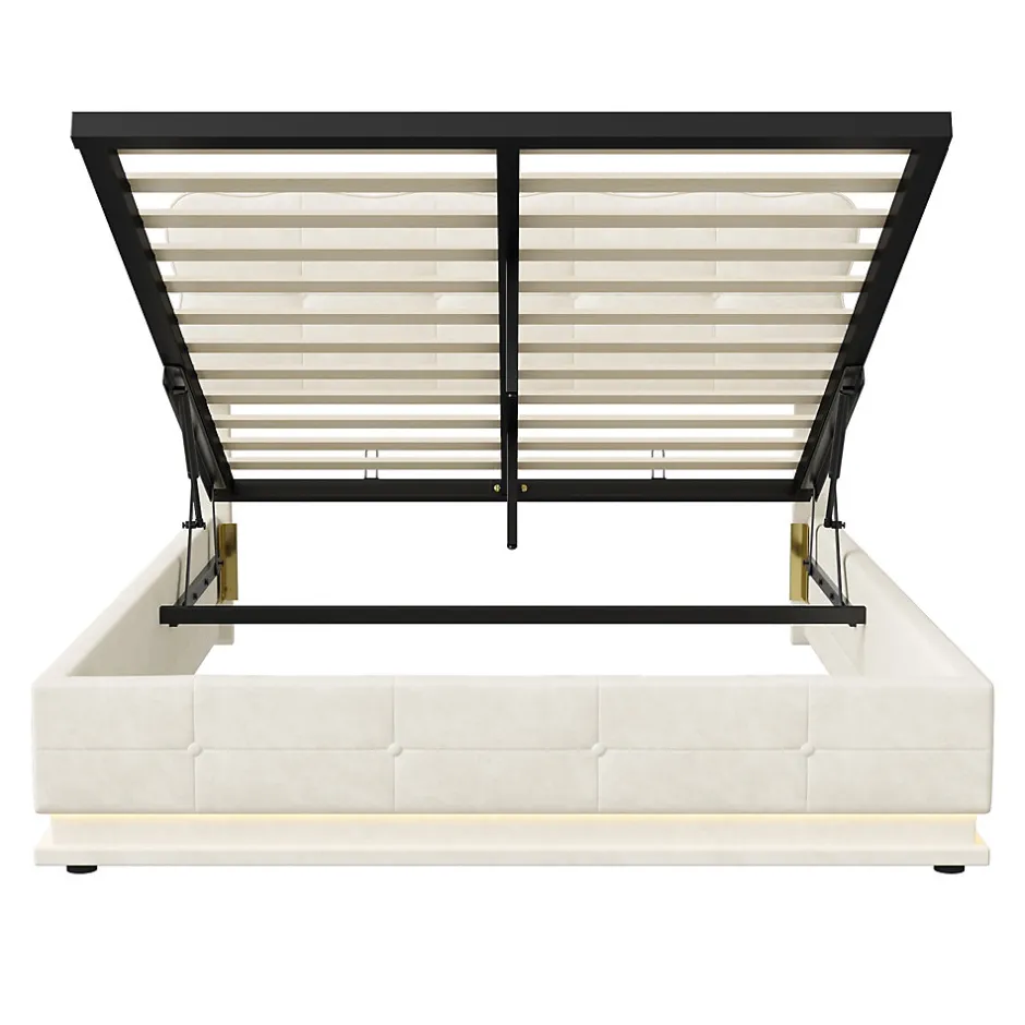 Simple Life Lit Coffre 160x200 avec éclairage LED, Lit capitonné avec Sommier à Lattes, Velours, Beige