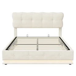 Simple Life Lit Coffre 160x200 avec éclairage LED, Lit capitonné avec Sommier à Lattes, Velours, Beige