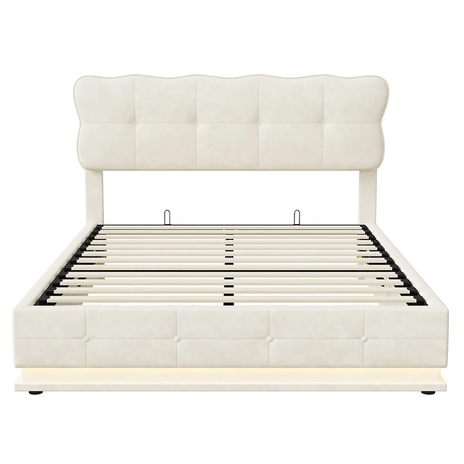 Simple Life Lit Coffre 160x200 avec éclairage LED, Lit capitonné avec Sommier à Lattes, Velours, Beige