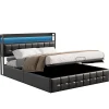 Fortuna lai Lit Coffre 160x200 avec Rangement et éclairage LED, Lit 160x200 avec Sommier à Lattes,USB et Type-C,PU, Noir