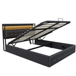 Fortuna lai Lit Coffre 160x200 avec Rangement et éclairage LED, Lit 160x200 avec Sommier à Lattes,USB et Type-C,PU, Noir