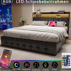 Fortuna lai Lit Coffre 160x200 avec Rangement et éclairage LED, Lit 160x200 avec Sommier à Lattes,USB et Type-C,PU, Noir