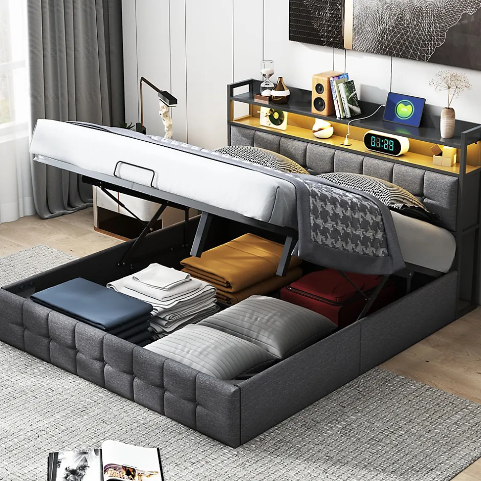 ProximaX Lit Coffre 160x200 avec Rangement, LED, Sommier à Lattes, Prises USB/Type-C, Lit Double en Lin, Gris