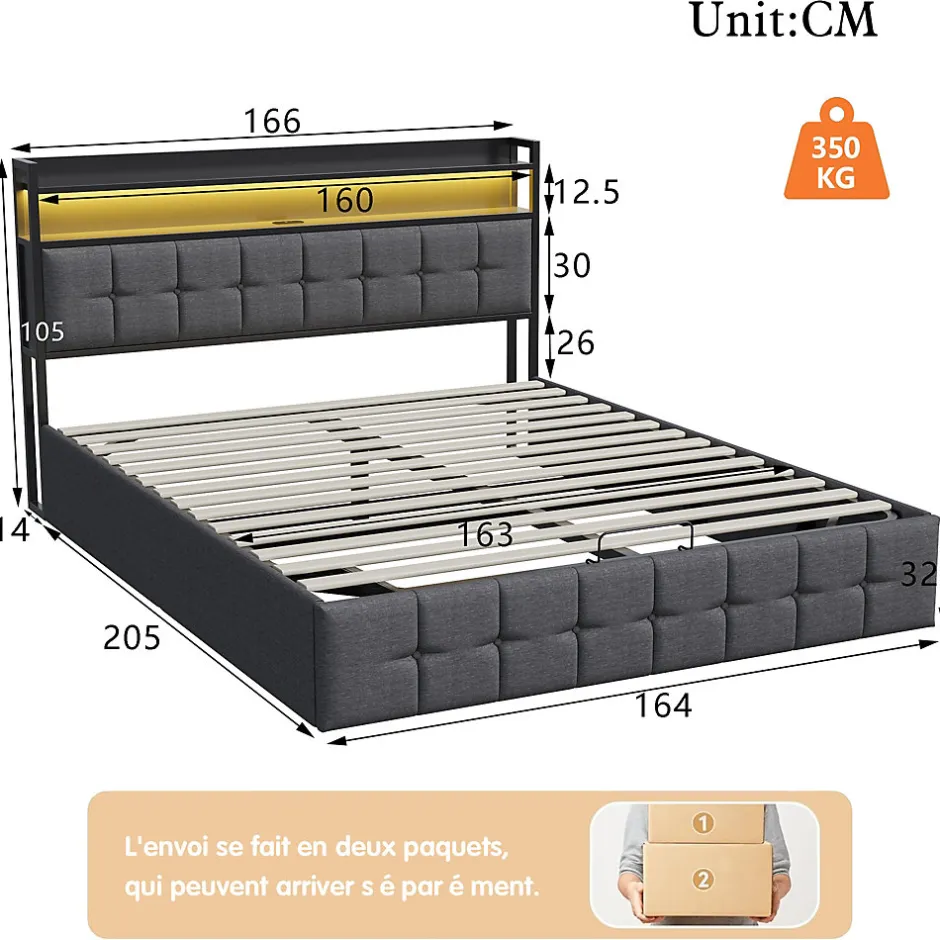 ProximaX Lit Coffre 160x200 avec Rangement, LED, Sommier à Lattes, Prises USB/Type-C, Lit Double en Lin, Gris