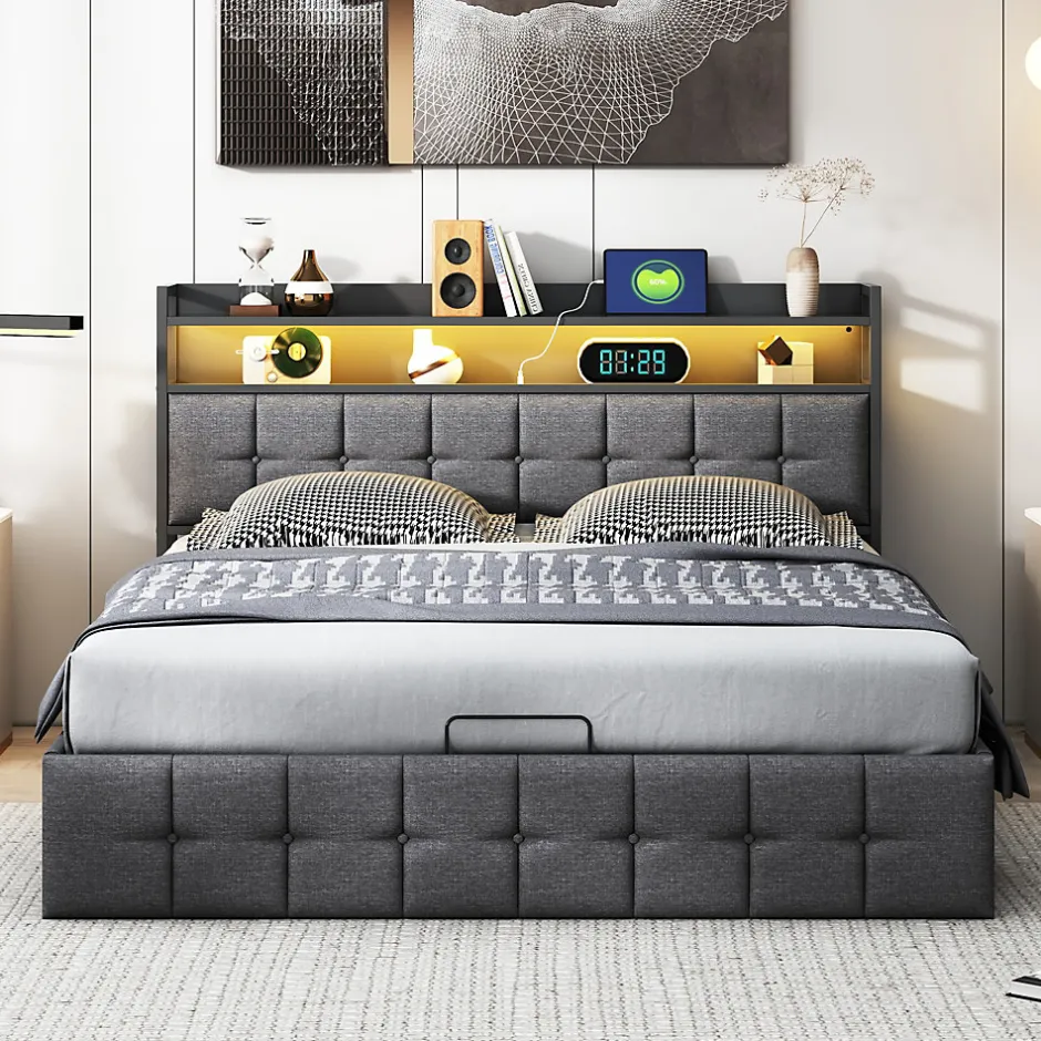 ProximaX Lit Coffre 160x200 avec Rangement, LED, Sommier à Lattes, Prises USB/Type-C, Lit Double en Lin, Gris