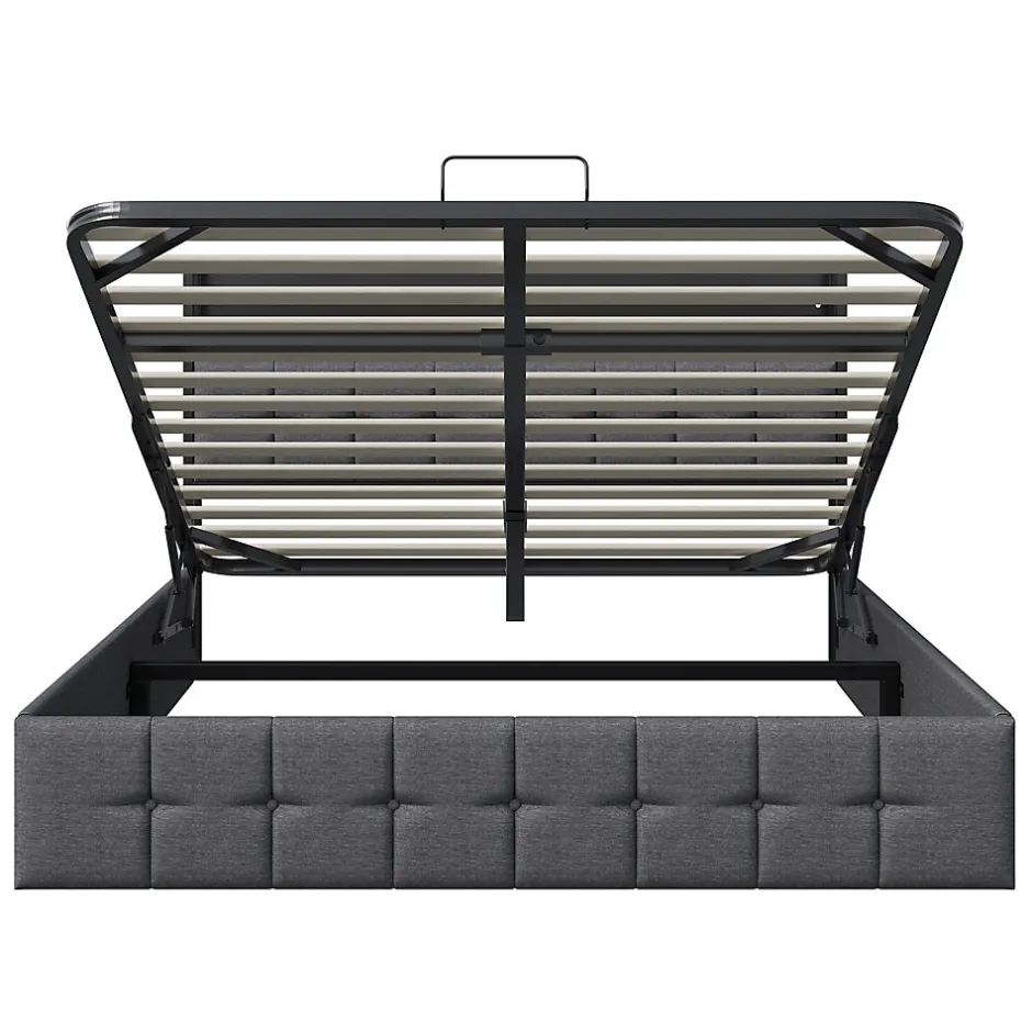 ProximaX Lit Coffre 160x200 avec Rangement, LED, Sommier à Lattes, Prises USB/Type-C, Lit Double en Lin, Gris