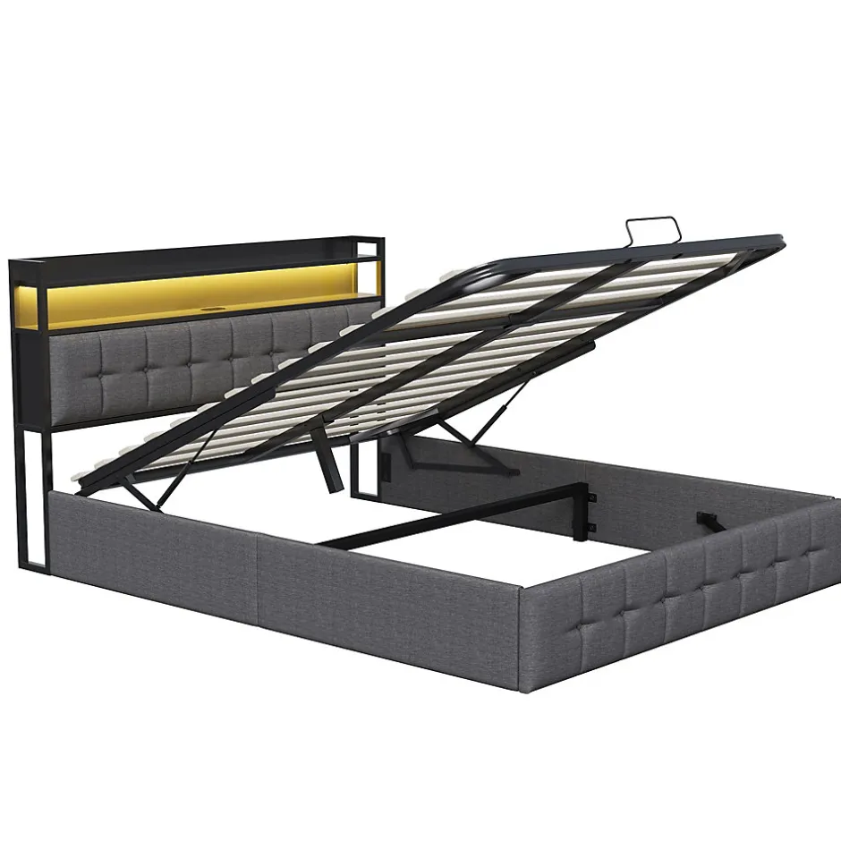 ProximaX Lit Coffre 160x200 avec Rangement, LED, Sommier à Lattes, Prises USB/Type-C, Lit Double en Lin, Gris