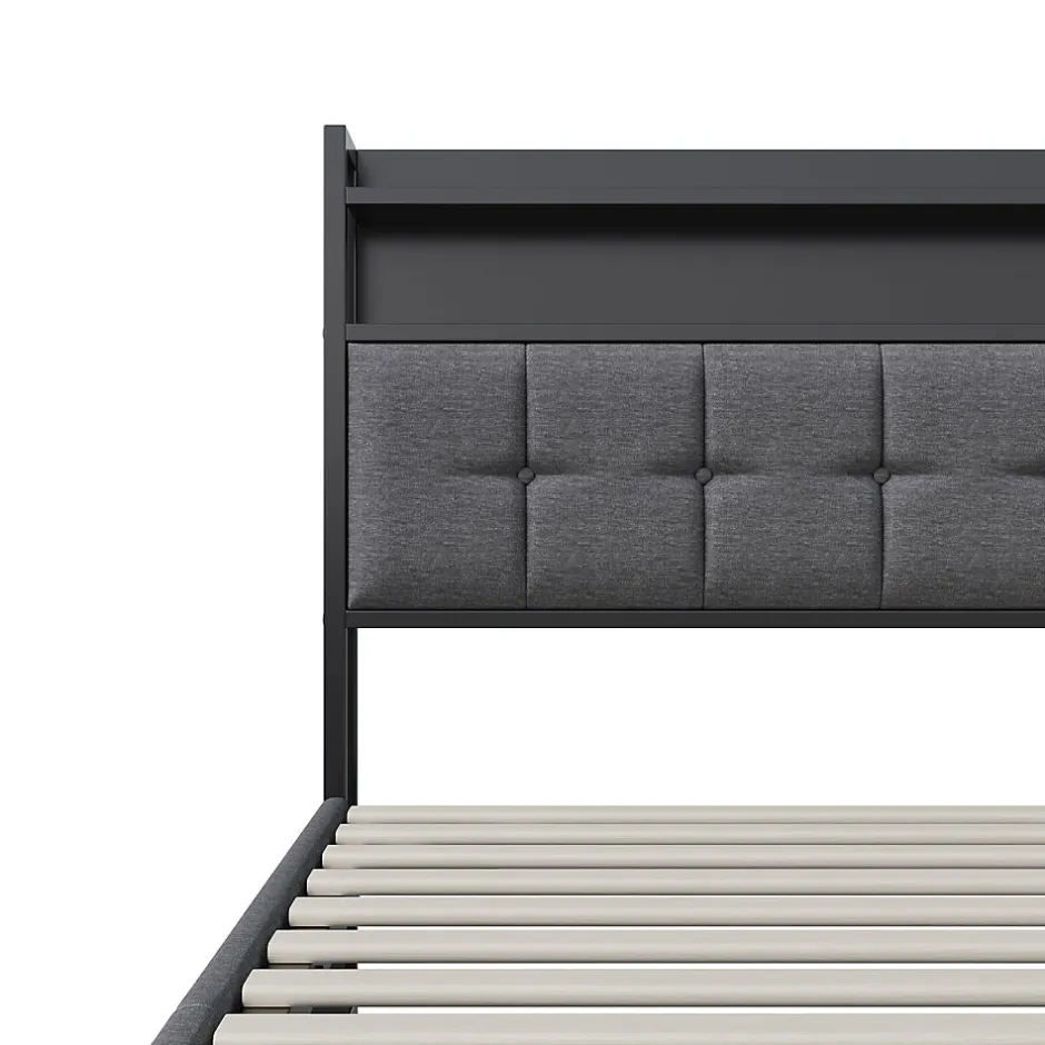 ProximaX Lit Coffre 160x200 avec Rangement, LED, Sommier à Lattes, Prises USB/Type-C, Lit Double en Lin, Gris