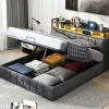 Simple Life Lit Coffre 160x200 avec Rangement et éclairage LED, Sommier à Lattes, Lit Double avec USB et Type-C, Lit 2 Personnes, Lin, Gris