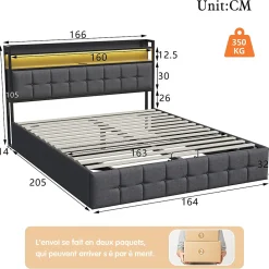 Simple Life Lit Coffre 160x200 avec Rangement et éclairage LED, Sommier à Lattes, Lit Double avec USB et Type-C, Lit 2 Personnes, Lin, Gris
