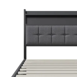 Simple Life Lit Coffre 160x200 avec Rangement et éclairage LED, Sommier à Lattes, Lit Double avec USB et Type-C, Lit 2 Personnes, Lin, Gris