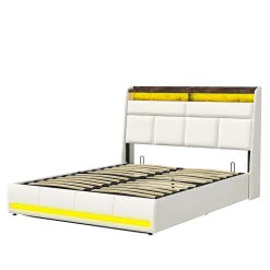 Simple Life Lit Coffre 140x200 Avec Sommier Et USB, LED, Cadre De Lit Avec Rangement Et Tete De Lit, Blanc Outlet