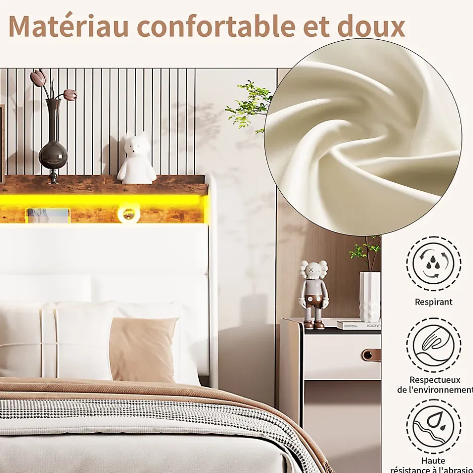 Simple Life Lit Coffre 140x200 Avec Sommier Et USB, LED, Cadre De Lit Avec Rangement Et Tete De Lit, Blanc Outlet