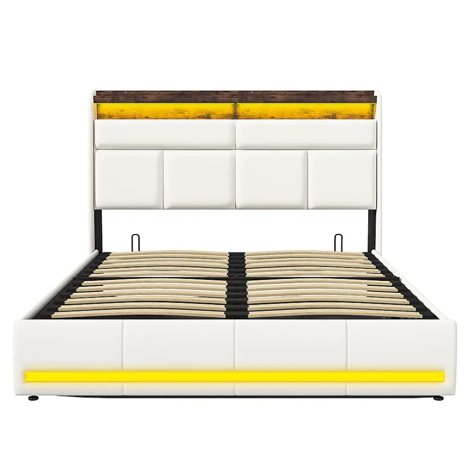 Simple Life Lit Coffre 140x200 Avec Sommier Et USB, LED, Cadre De Lit Avec Rangement Et Tete De Lit, Blanc Outlet