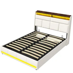 Simple Life Lit Coffre 140x200 Avec Sommier Et USB, LED, Cadre De Lit Avec Rangement Et Tete De Lit, Blanc Outlet