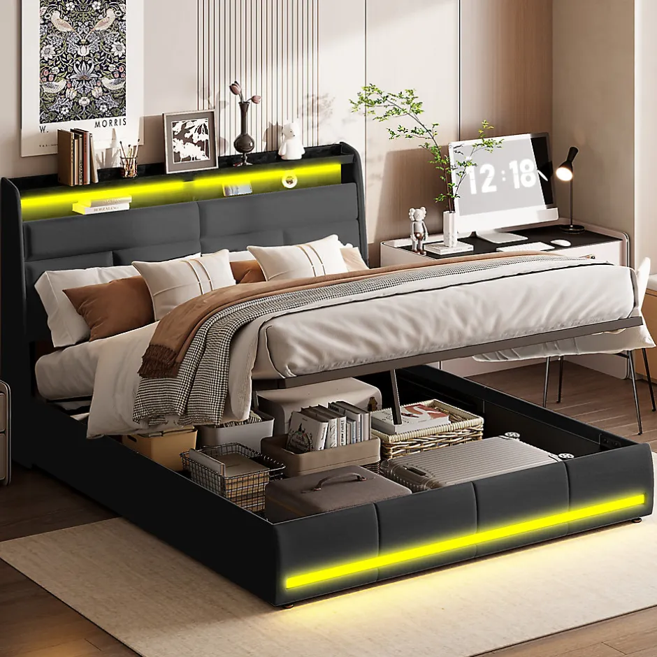 Simple Life Lit Coffre 160x200 Avec Sommier Et USB, LED, Cadre De Lit Avec Rangement Et Tete De Lit, Noir