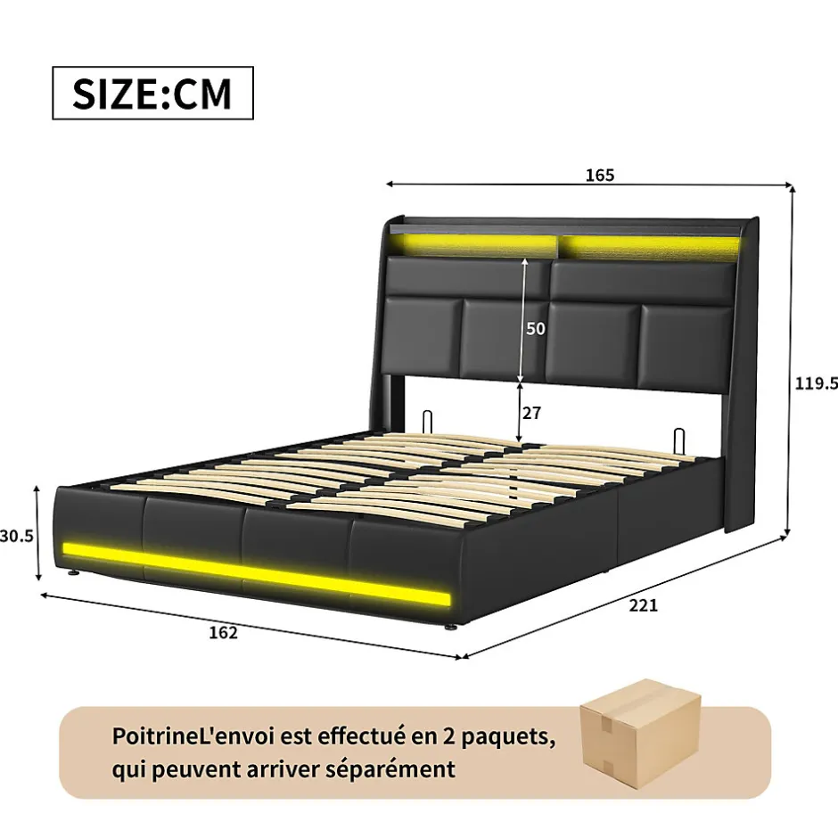 Simple Life Lit Coffre 160x200 Avec Sommier Et USB, LED, Cadre De Lit Avec Rangement Et Tete De Lit, Noir