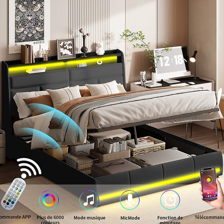 Simple Life Lit Coffre 160x200 Avec Sommier Et USB, LED, Cadre De Lit Avec Rangement Et Tete De Lit, Noir