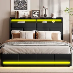 Simple Life Lit Coffre 160x200 Avec Sommier Et USB, LED, Cadre De Lit Avec Rangement Et Tete De Lit, Noir