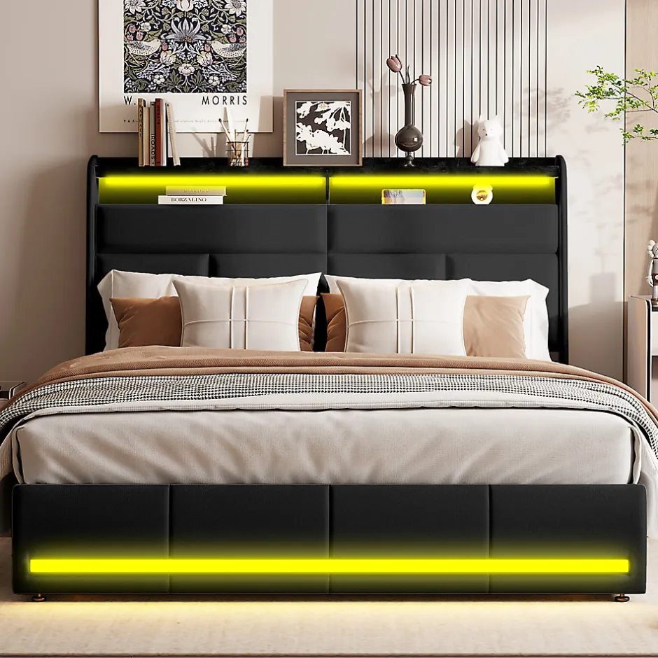 Simple Life Lit Coffre 160x200 Avec Sommier Et USB, LED, Cadre De Lit Avec Rangement Et Tete De Lit, Noir